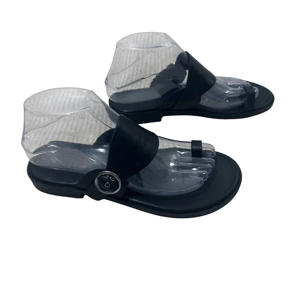 Free People Black Leather Toe‎ Loop Barcelona Buckle Slide Sandals Womens 6